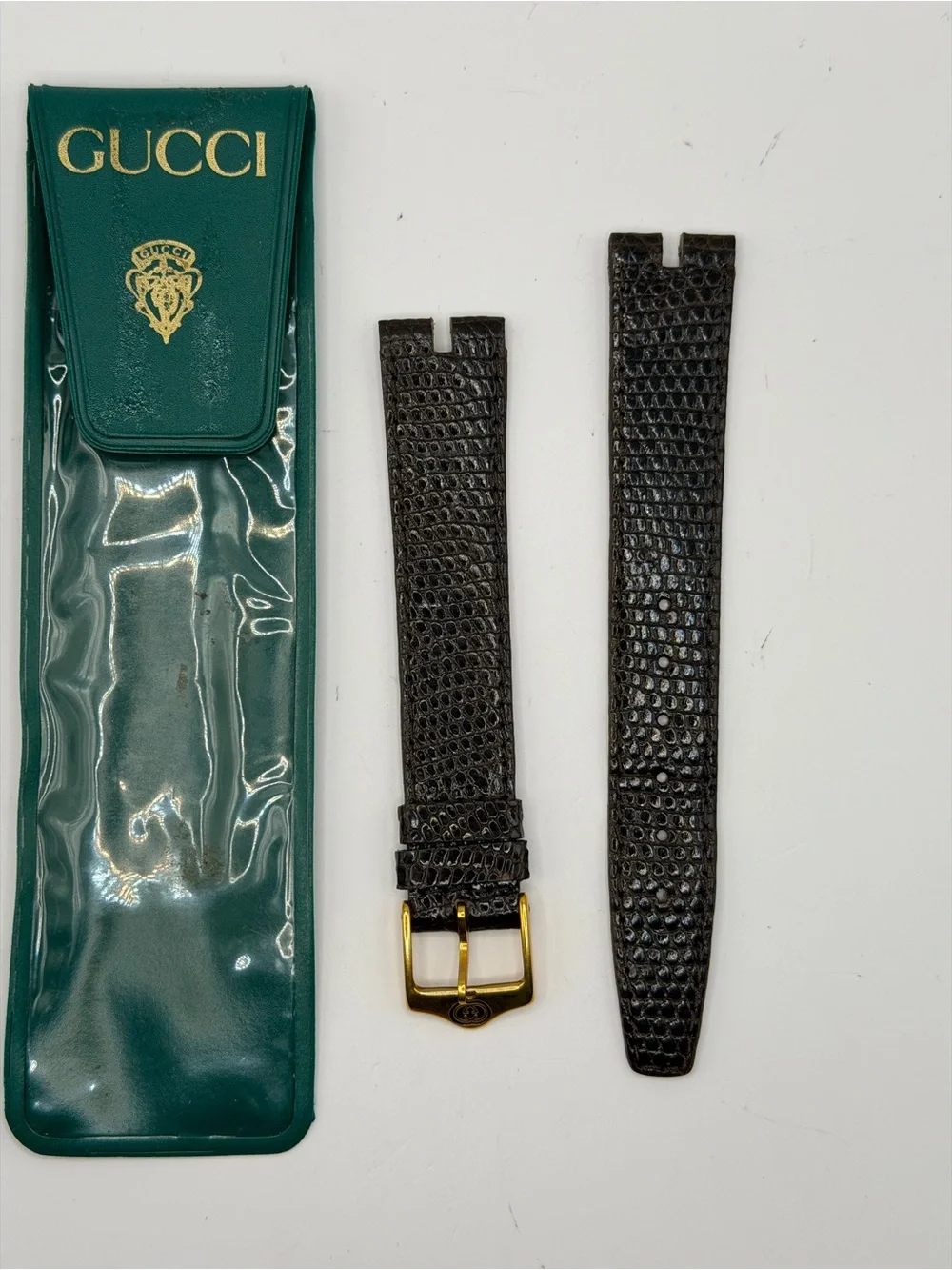 Gucci Dark Brown Lizard-Embossed Leather Watch Strap with Gold Buckle 16MM - Picture 1 of 4